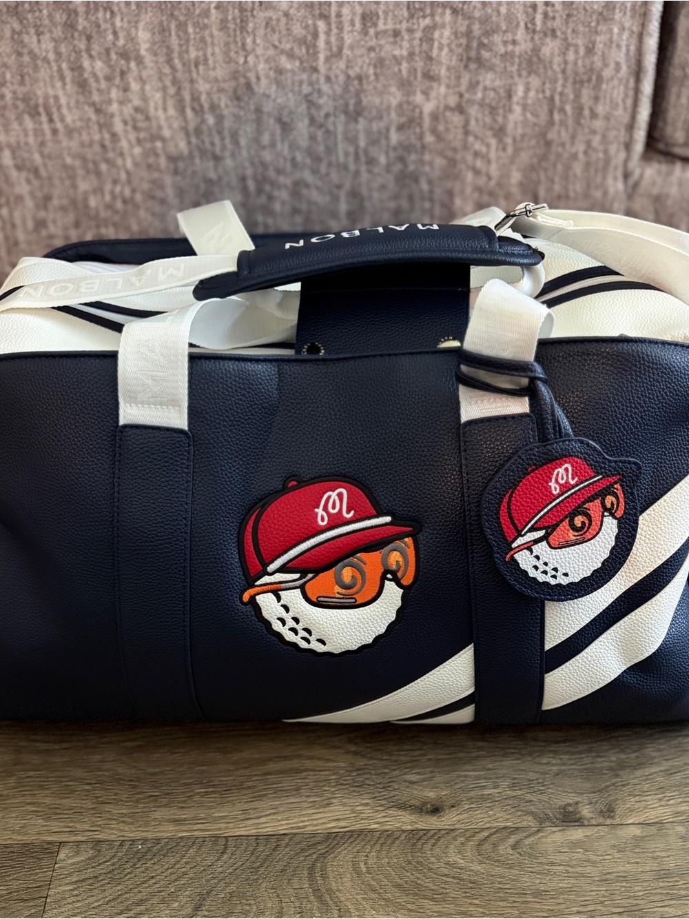 Malbon Navy and White Golf Duffle Bag with Patch Logo